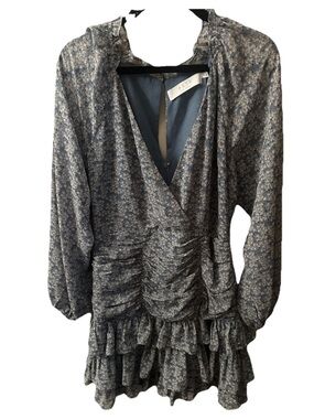 ASTR Dusty Blue Floral Long Sleeve Ruffle Mini Dress